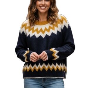 Silverflint Fairisle Soft Cozy Crew Neck Knit Sweater Medium Navy Mustard Yellow